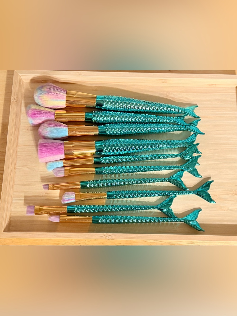 10pc Mermaid Tail Makeup Brush Set Teal Rose Gold Pastel New